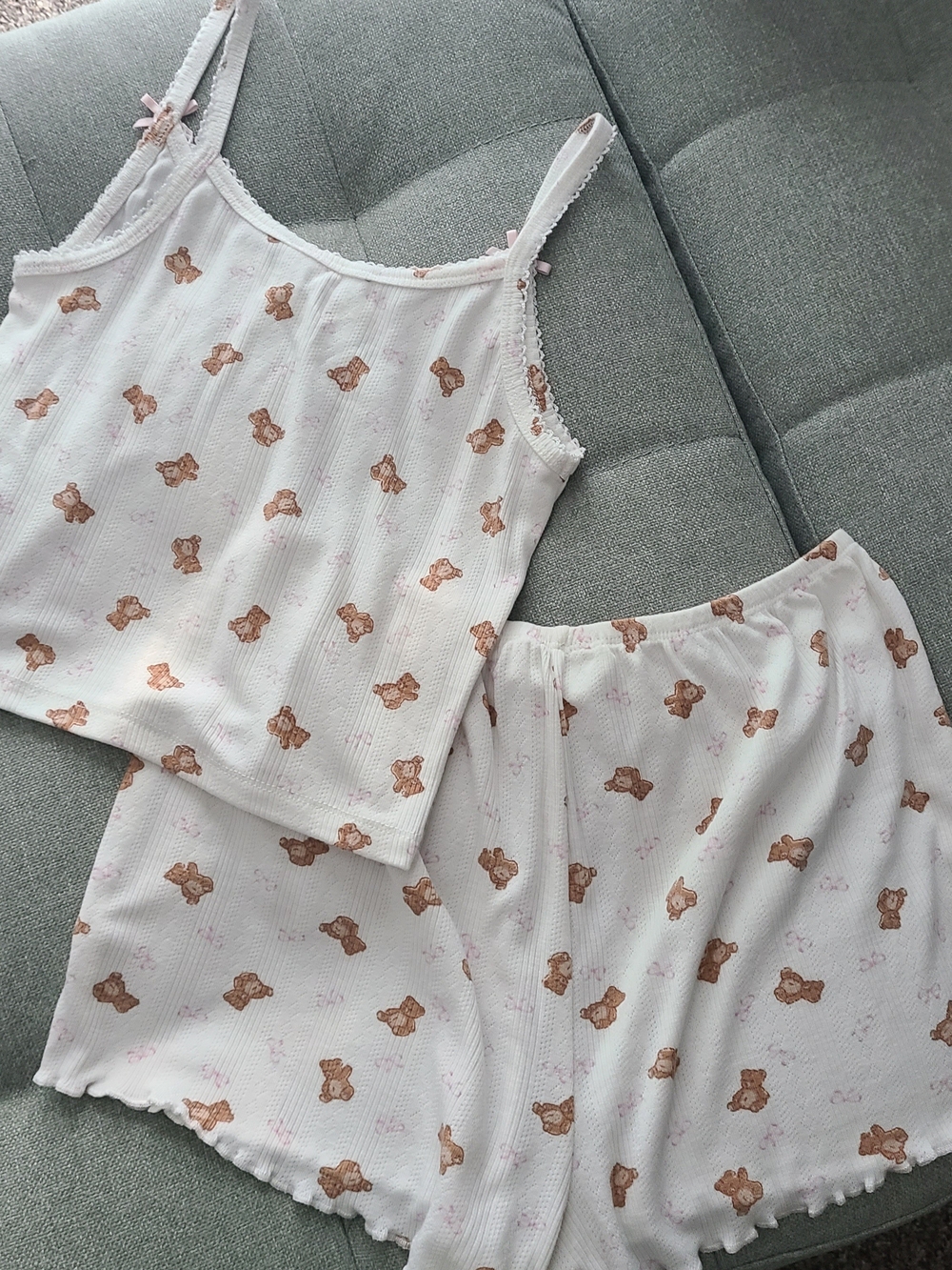 Pink Rose White Ribbed Cami & Shorts Sleep Set with Brown Teddy Print/Pink Bows - Picture 2 of 4